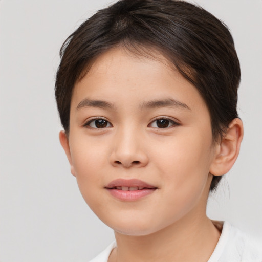 Joyful white child female with medium  brown hair and brown eyes