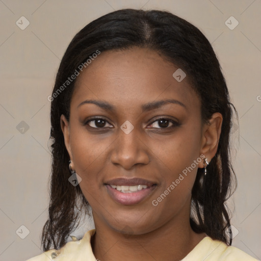 Joyful latino young-adult female with medium  brown hair and brown eyes