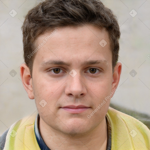 Neutral white young-adult male with short  brown hair and grey eyes