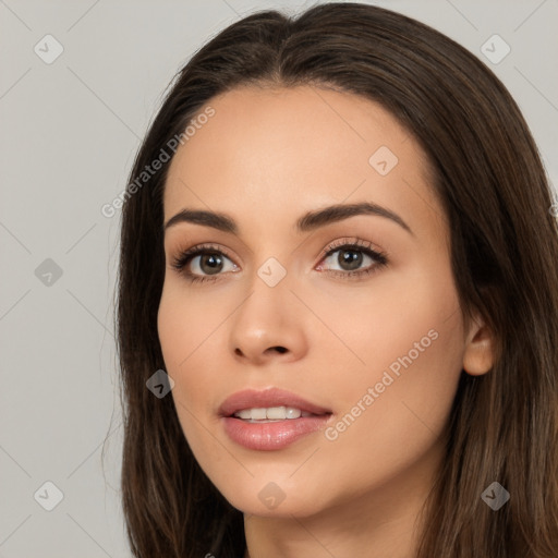 Neutral white young-adult female with long  brown hair and brown eyes