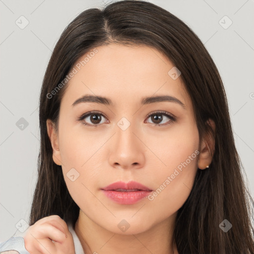 Neutral white young-adult female with long  brown hair and brown eyes