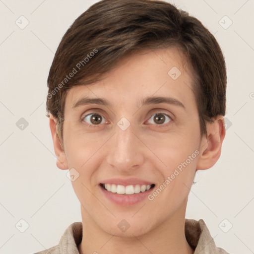 Joyful white young-adult female with short  brown hair and brown eyes