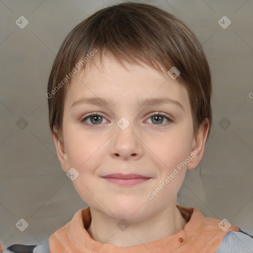 Joyful white child female with short  brown hair and brown eyes