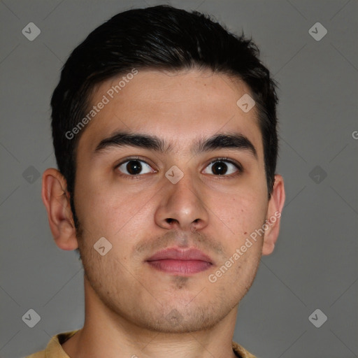 Neutral asian young-adult male with short  brown hair and brown eyes