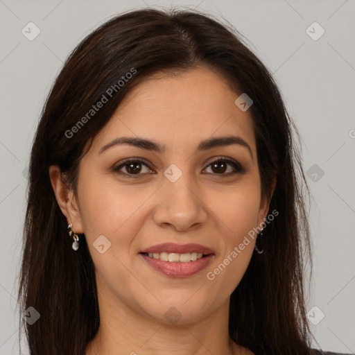 Joyful white young-adult female with long  brown hair and brown eyes