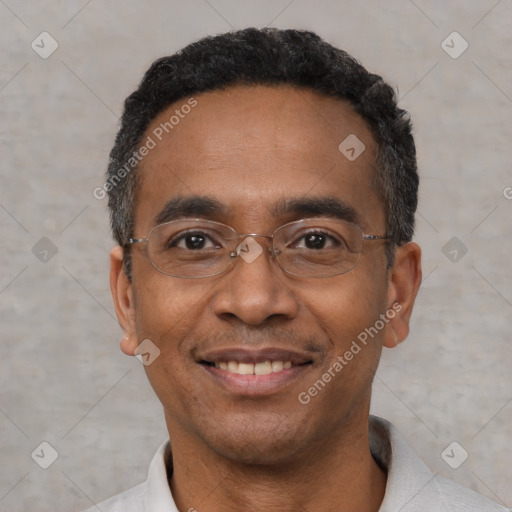 Joyful black adult male with short  black hair and brown eyes