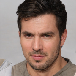 Neutral white adult male with short  brown hair and brown eyes