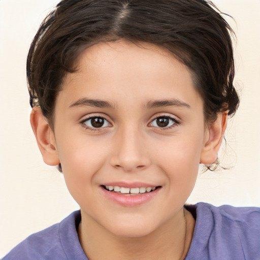 Joyful white child female with medium  brown hair and brown eyes