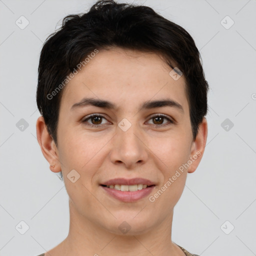 Joyful white young-adult female with short  brown hair and brown eyes