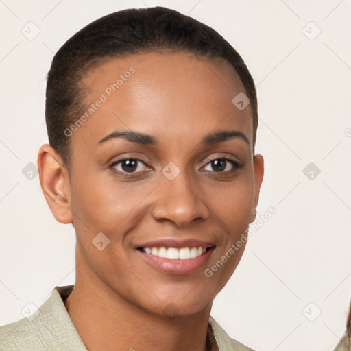 Joyful latino young-adult female with short  brown hair and brown eyes