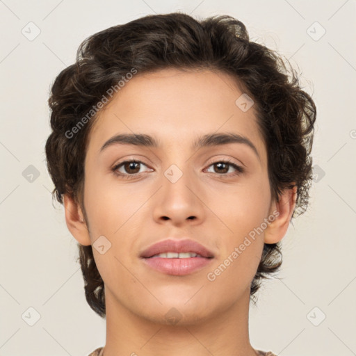 Neutral white young-adult female with medium  brown hair and brown eyes