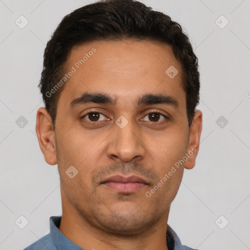 Neutral latino young-adult male with short  black hair and brown eyes
