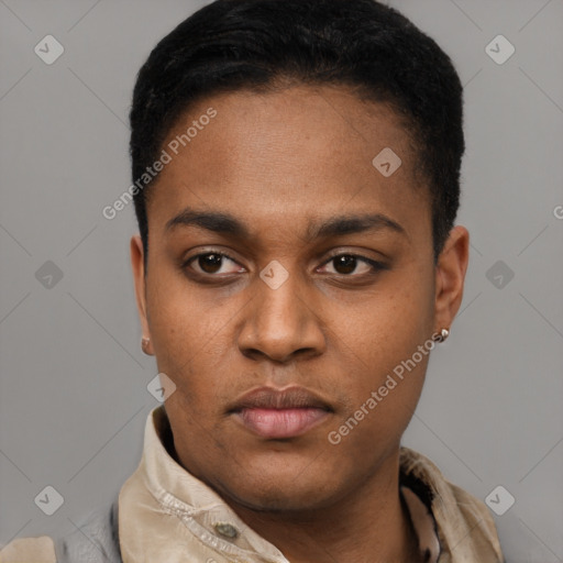 Neutral latino young-adult male with short  black hair and brown eyes