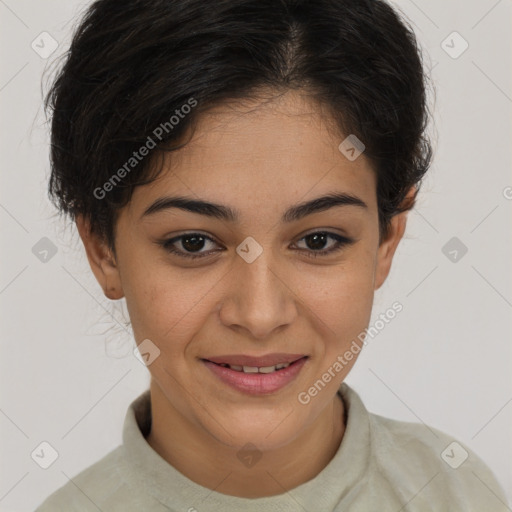 Joyful latino young-adult female with short  brown hair and brown eyes