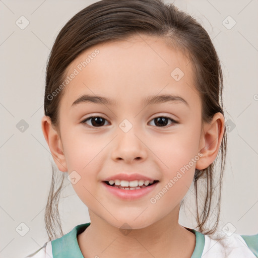 Joyful white child female with medium  brown hair and brown eyes