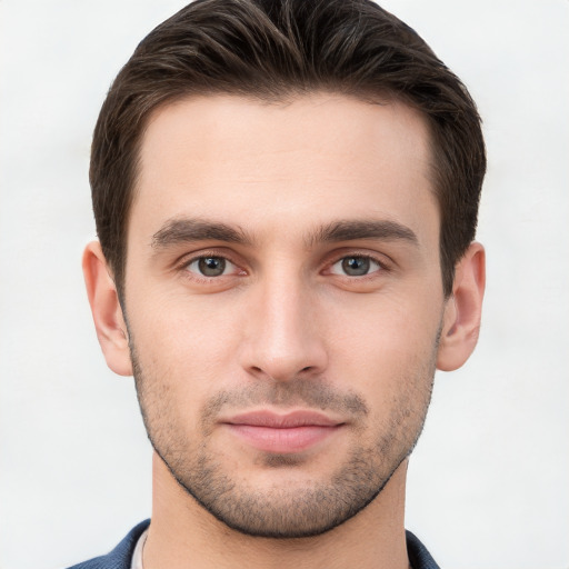 Neutral white young-adult male with short  brown hair and grey eyes