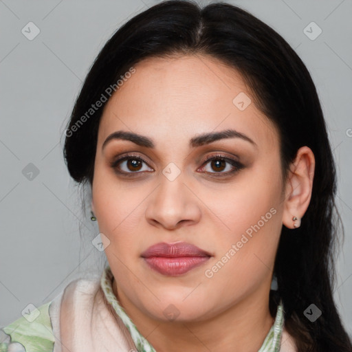 Joyful latino young-adult female with medium  brown hair and brown eyes