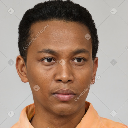 Neutral black young-adult male with short  black hair and brown eyes
