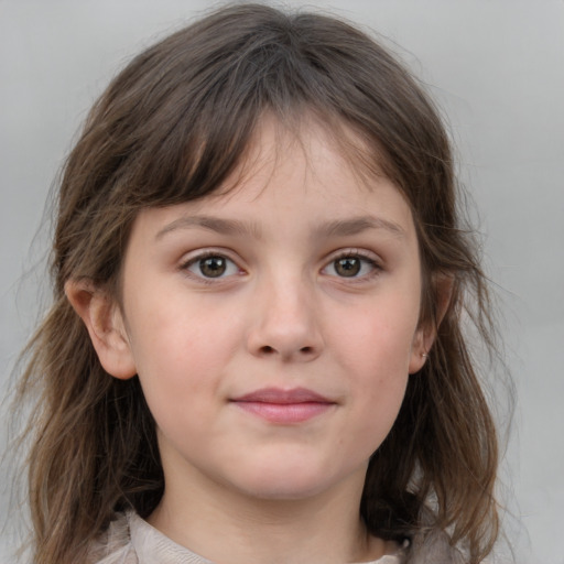 Neutral white child female with medium  brown hair and grey eyes