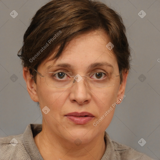 Joyful white adult female with short  brown hair and grey eyes