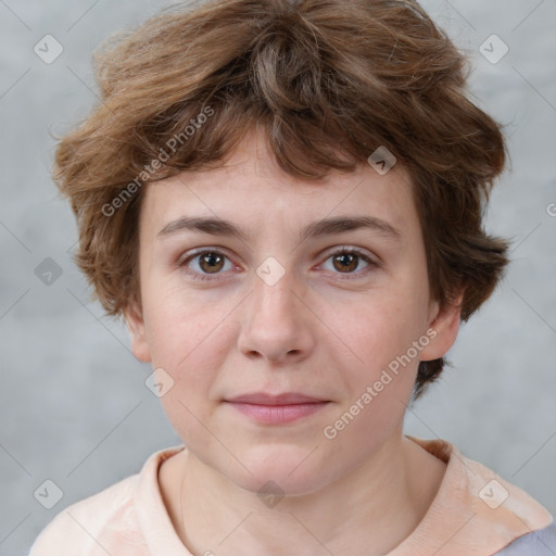 Neutral white young-adult female with short  brown hair and brown eyes