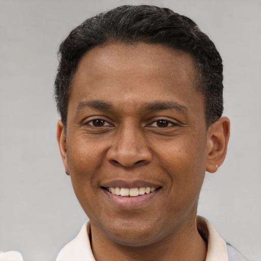 Joyful latino young-adult male with short  brown hair and brown eyes