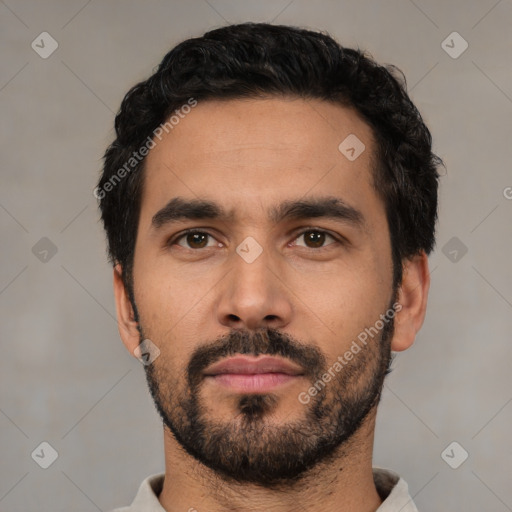 Neutral latino young-adult male with short  black hair and brown eyes