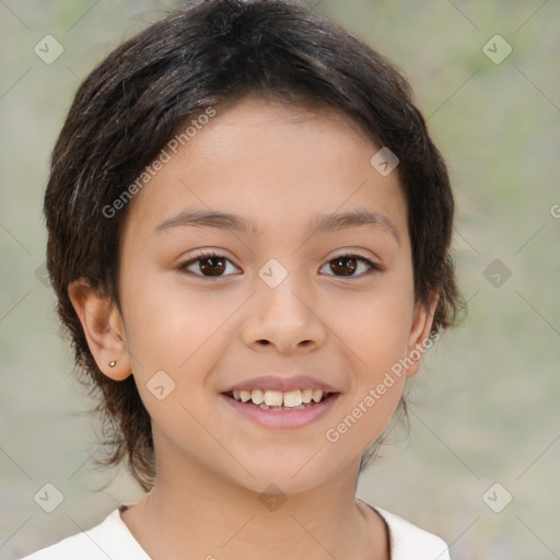 Joyful white child female with medium  brown hair and brown eyes