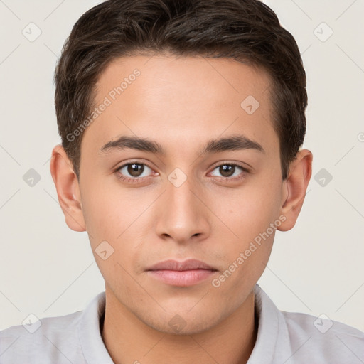 Neutral white young-adult male with short  brown hair and brown eyes