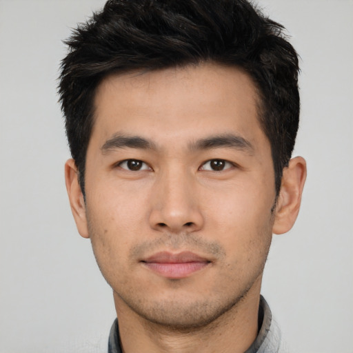 Neutral asian young-adult male with short  black hair and brown eyes