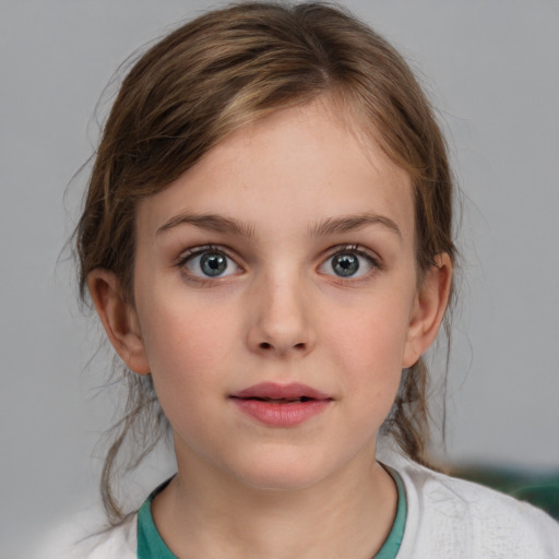 Neutral white child female with medium  brown hair and blue eyes