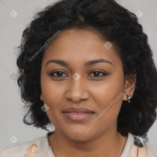 Joyful black young-adult female with medium  brown hair and brown eyes