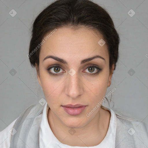 Neutral white young-adult female with medium  brown hair and brown eyes