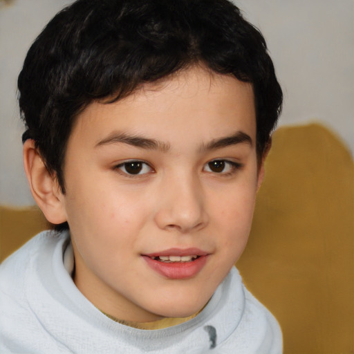 Joyful white child female with short  brown hair and brown eyes