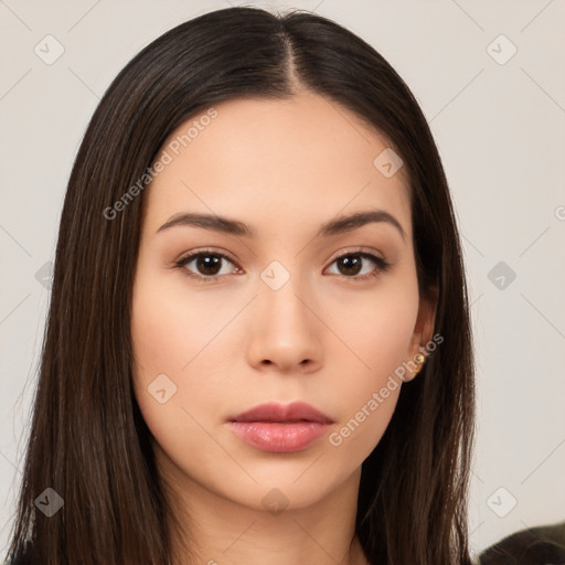 Neutral white young-adult female with long  brown hair and brown eyes