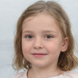 Joyful white child female with medium  brown hair and blue eyes