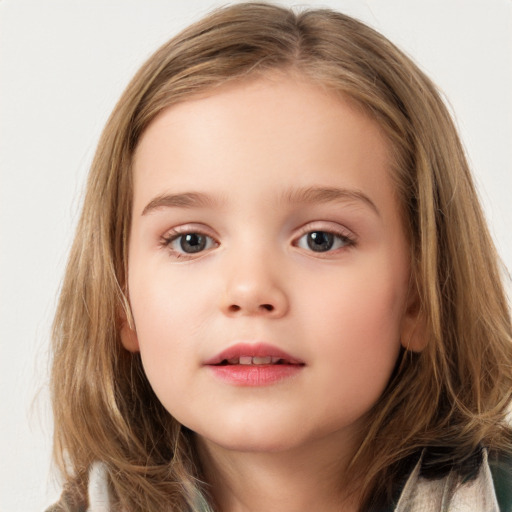 Neutral white child female with medium  brown hair and blue eyes