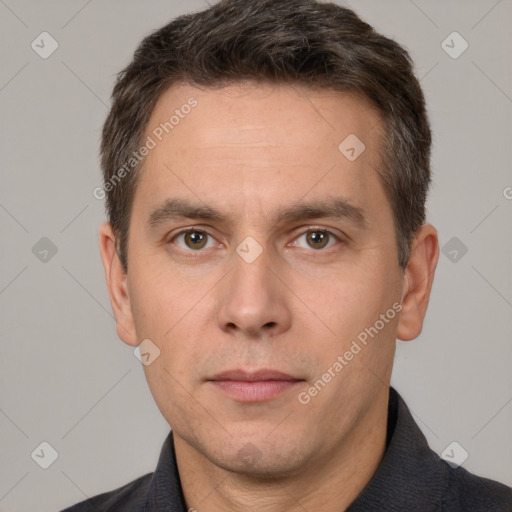 Neutral white adult male with short  brown hair and brown eyes