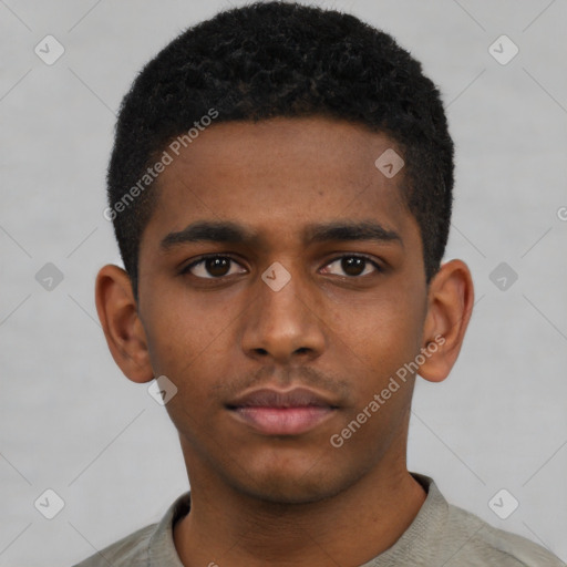 Neutral black young-adult male with short  black hair and brown eyes