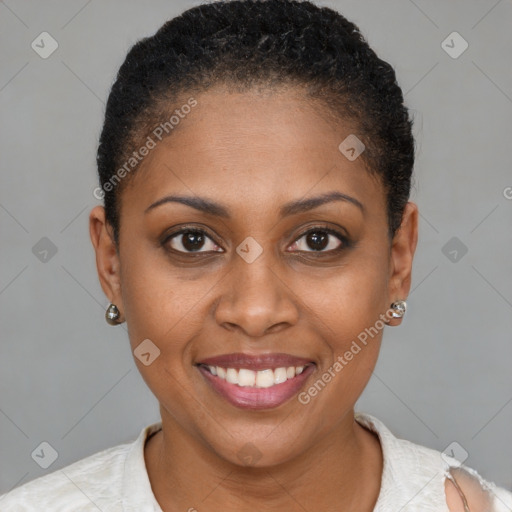 Joyful black young-adult female with short  brown hair and brown eyes