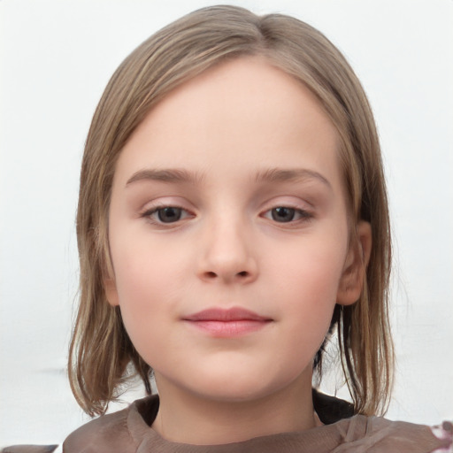 Neutral white child female with medium  brown hair and grey eyes