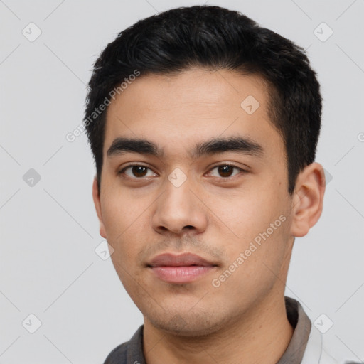 Neutral latino young-adult male with short  black hair and brown eyes