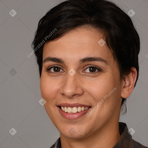 Joyful white young-adult female with medium  brown hair and brown eyes