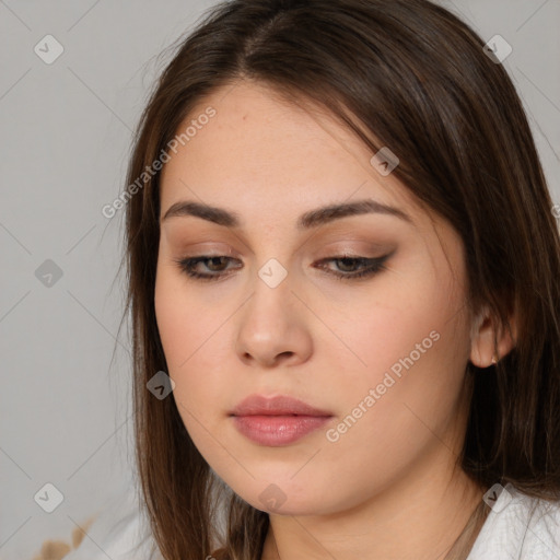 Neutral white young-adult female with medium  brown hair and brown eyes