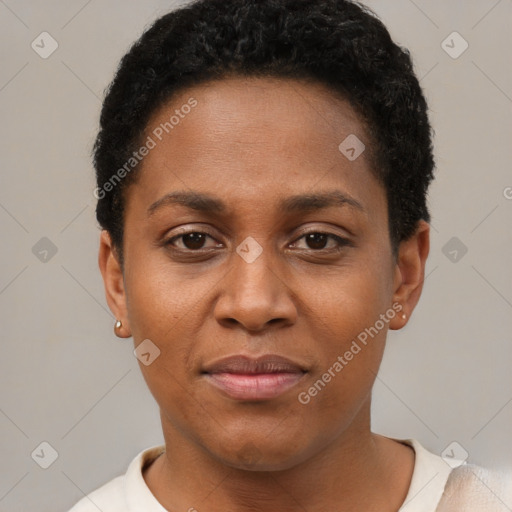 Joyful black young-adult female with short  black hair and brown eyes