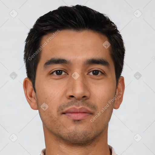 Neutral latino young-adult male with short  brown hair and brown eyes