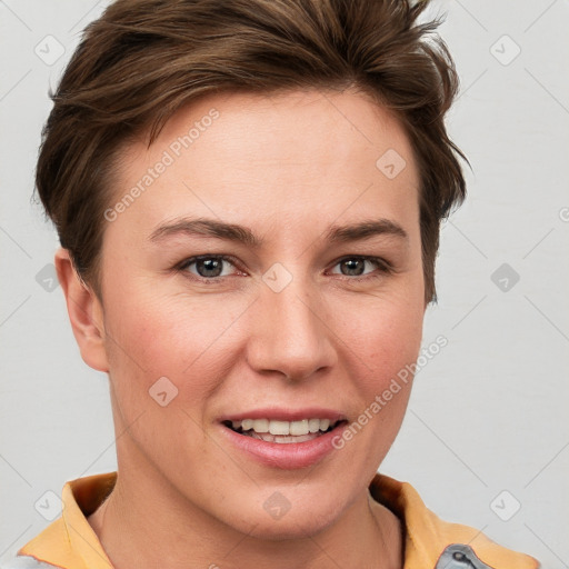 Joyful white young-adult female with short  brown hair and grey eyes