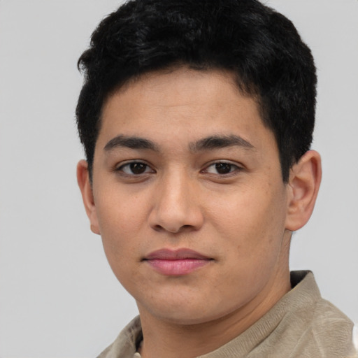 Neutral latino young-adult male with short  brown hair and brown eyes