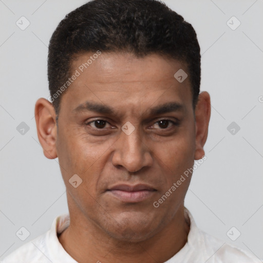 Joyful latino young-adult male with short  brown hair and brown eyes