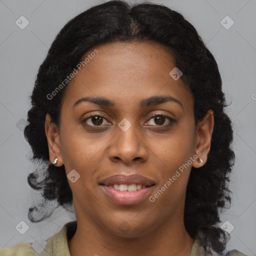 Joyful black young-adult female with medium  brown hair and brown eyes